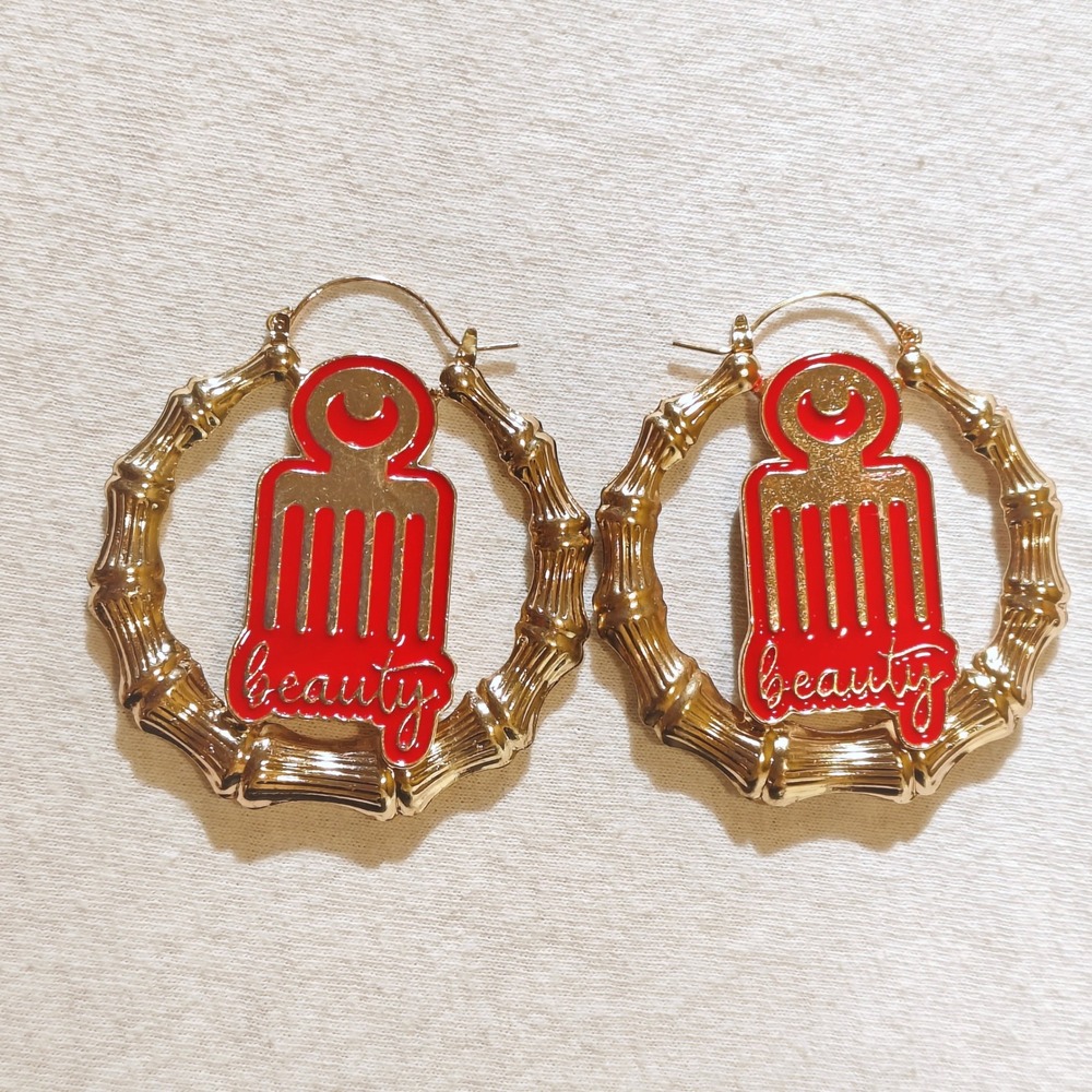 Gold Tone Bamboo Large Hoop Earrings Red Hair Pick Beauty Charm Statement Y2K